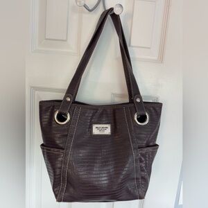 RELIC Dark Brown Croc Embossed Tote Faux Leather Snap Top Grommet & Rivet Straps